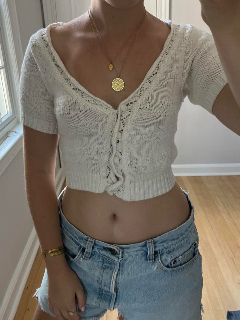 Urban Outfitters White Cropped Knit Button Cardigan